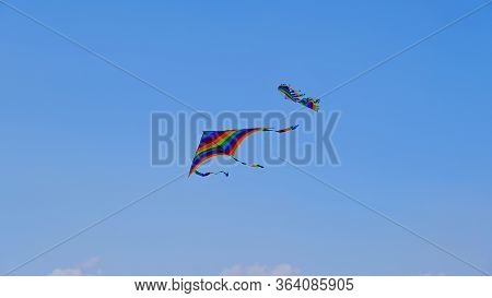 Children's Toy. Children Fly A Flying Kite.
Background Image For Web Design.