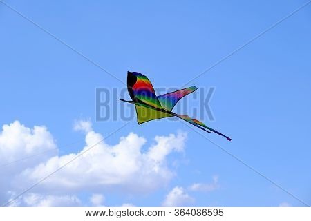 Children's Toy. Children Fly A Flying Kite.
Background Image For Web Design.