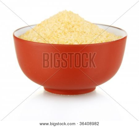 Crystals of gelatin in a bowl isolated on white close-up