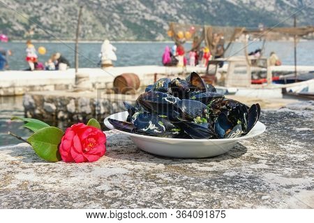 Local Holidays Of Montenegro. Camellia Festival In Stoliv Town. Camellia Flower And  Dish With Musse