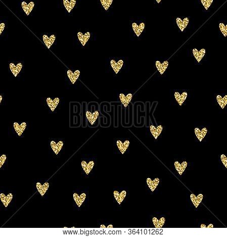 Seamless Brilliant Glitter Pattern. Gold Shiny Sparkles Isolated On Black Background. Sparkling Hear