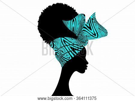 Portrait African Woman Wears Bandana For Curly Hairstyles. Shenbolen Ankara Headwrap Women. Afro Tra