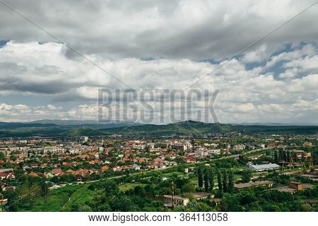 Beautiful Panoramic View Of Mukachevo, Ukraine From The Top Of The Palanok Castle Or Mukachevo Castl