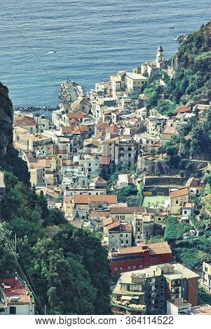 high view Amalfi village and sea from Pontone hill village on Amalfi Coast in Campania 