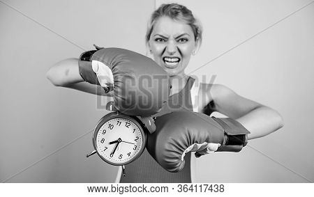 Sportswoman. Win The Day. Angry Woman Boxing Gloves. Girl Boxer Hold Alarm Clock. Morning Energy. Fu