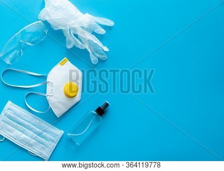 Medical Protective Mask, Respirator Ffp, Soap, Rubber Gloves, Antiseptic And Protective Glasses Lie 
