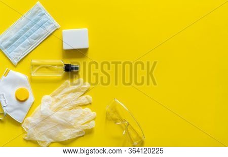 Medical Protective Mask, Respirator Ffp, Soap, Rubber Gloves, Antiseptic And Protective Glasses Lie 