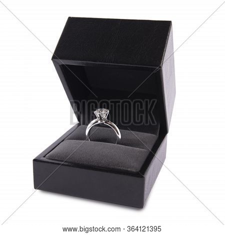 Jewelry, Golden Diamond Ring In A Box On A White Background, Isolated.