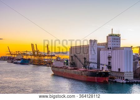 Barcelona, Spain - November 06 2018: Ligari Bulk Container Carrier Vessel At Ergransa Company Wareho