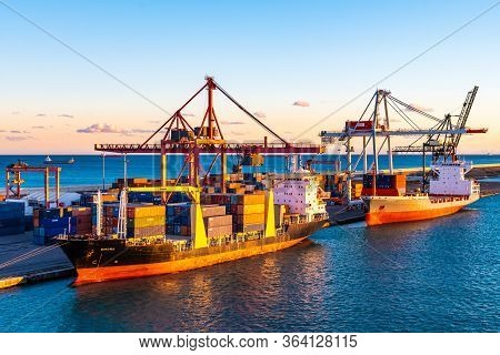 Barcelona, Spain - November 06 2018: Emona Cargo Ship And Renate P Bulk Container Vessel Docked At P