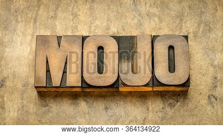 mojo word abstract in vintage letterpress wood type, magic power, good luck, charm, talisman, or spell