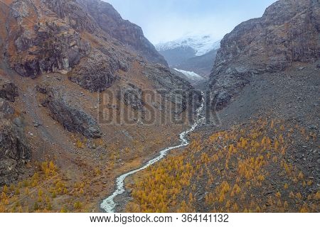 View Of River And Landscape Furi Mountain In Autumn Season From Cable Car In Zermatt, Swiss