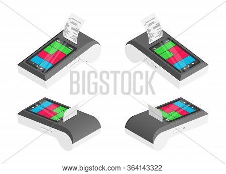 Isometric Multifunctional Smart Payment Terminal With Cash Register Print Receipt Set. 3d Wireless O