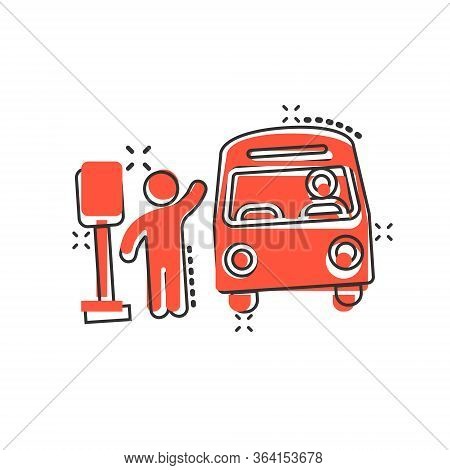 Bus Station Icon In Comic Style. Auto Stop Cartoon Vector Illustration On White Isolated Background.