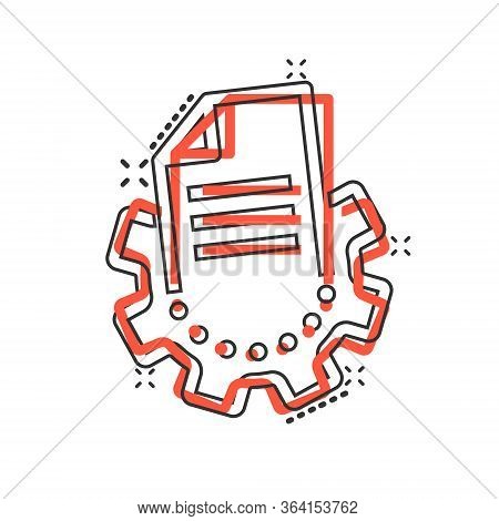 Document With Gear Icon In Comic Style. Big Data Processing Cartoon Vector Illustration On White Iso
