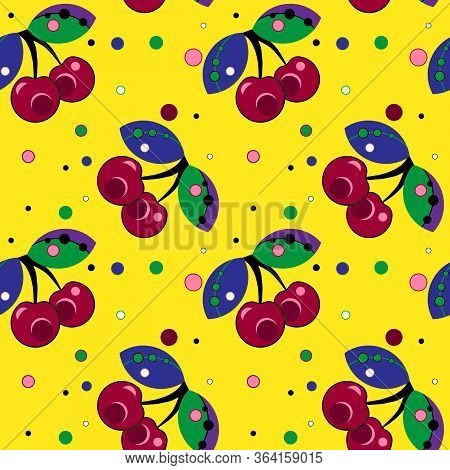 Seamless Pattern, Cherries With Peas On A Yellow Background
