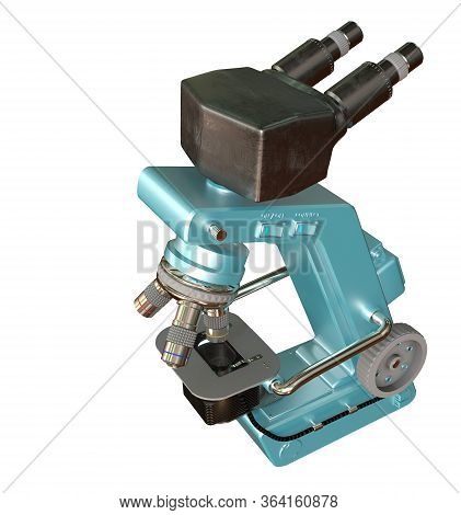Blue Lab Microscope With Fictive Design Isolated On White - Detailed Photorealistic Medical 3d Illus