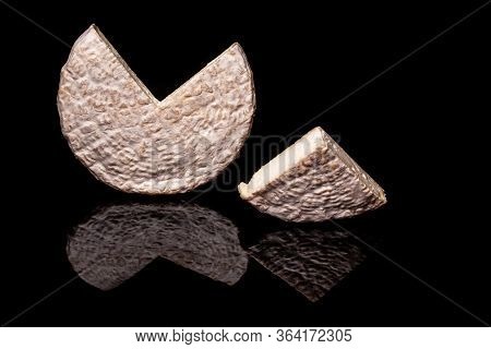Delicious Brie Cheese Isolated On Black Reflective Background. Brie Type Of Cheese. Camembert. Fresh