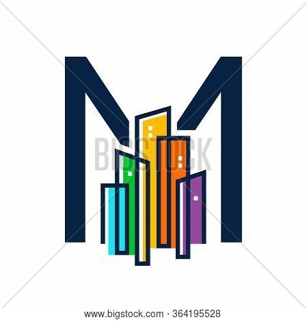Simple, Clean And Eye Catching Logo Design Combining Initial M With Colorful Mono Line Building.