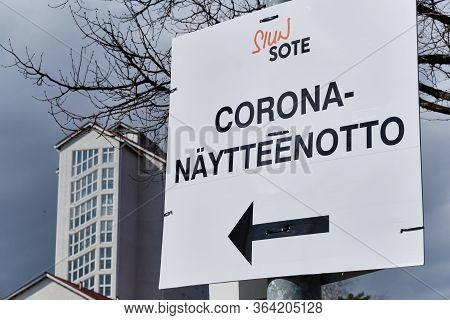 Joensuu, Finland - April 19, 2020: Road Sign To Coronavirus Sampling In Siun Sote Public Health Depa
