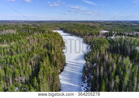 Aerial View Of Ice-covered Kallio Lake Finland. North-karelia Nature.