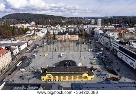 Kuopio, Finland - April 28, 2020: Aerial View Of The Market Hall And Market Square In City Center.