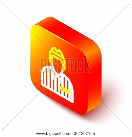 Isometric Line Hockey Judge, Referee, Arbiter Icon Isolated On White Background. Orange Square Butto