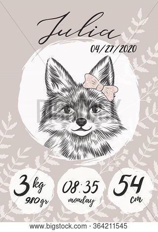 Metric Baby Girl Poster With Little Fox With Bow Sketch, Hand Drawn Julia Name, Calligraphy Text. Ti