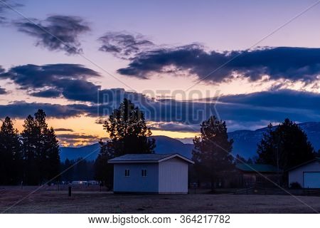 Sunrise Over The Sleepy Town Of Columbia Falls. Monatana, United States