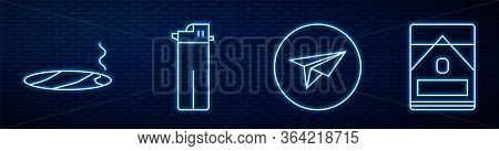 Set Line Messenger, Cigar With Smoke, Lighter And Cigarettes Pack Box. Glowing Neon Icon On Brick Wa