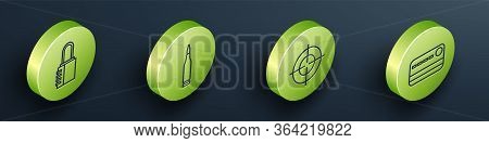 Set Isometric Safe Combination Lock, Bullet, Target Sport And Credit Card Icon. Vector