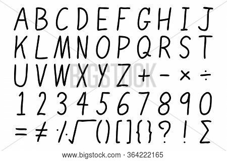 Black Color Hand Drawing Of Alphabet, Number Letter And Mathemetics Symbol On White Background