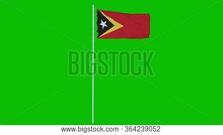 East Timor Flag Waving On Wind On Green Screen Or Chroma Key Background. 3d Rendering