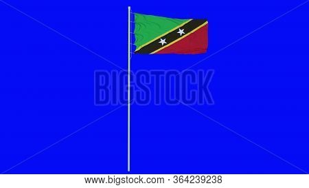 Saint Kitts And Nevis Flag Waving On Wind On Blue Screen Or Chroma Key Background. 3d Rendering