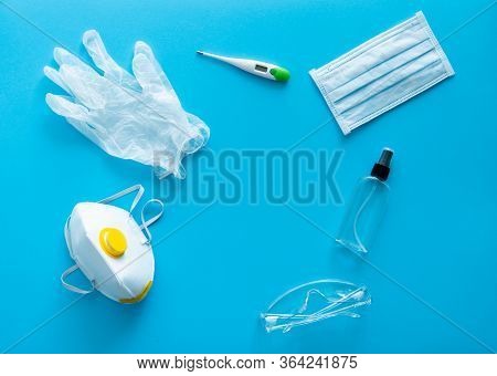 Medical Protective Mask, Respirator Ffp, Rubber Gloves, Antiseptic, Thermometer And Protective Glass