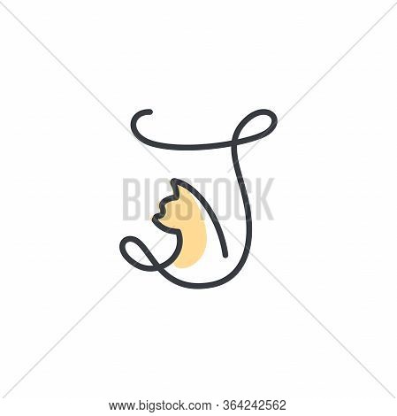 Simple And Cheers Logo Design Illustration Mono-line Style Initial J Cat.