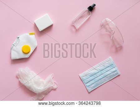Medical Protective Mask, Respirator Ffp, Soap, Rubber Gloves, Antiseptic And Protective Glasses Lie 