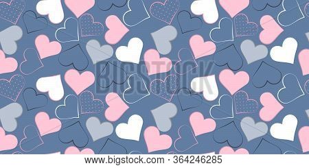 Multi-colored Stylized Hearts On A Blue Background, Seamless Pattern
