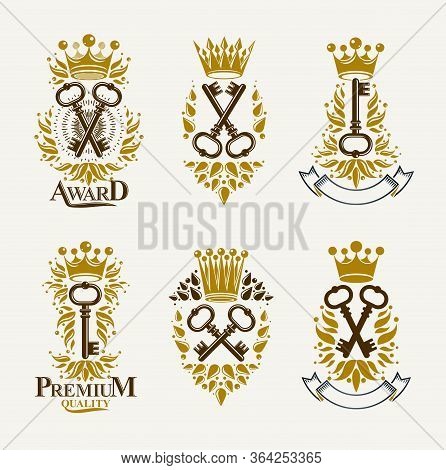 Vintage Keys Vector Logos Or Emblems, Heraldic Design Elements Big Set, Classic Style Heraldry Turnk