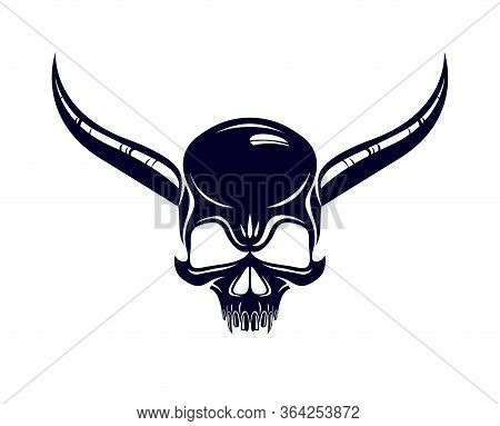 Devil Sign Horned Skull Vector Illustration Classic Style Tattoo, Dead Scull With Animal Horns.