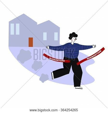 End Of Quarantine. The End Of Isolation. Joyful Man Runs To The Protective Tape. Stylized Illustrati