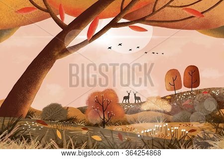 Digital Painting Of Fantasy Autumn Landscape Forest Fairy Tale, Illustration Wonderland Nature In Fa