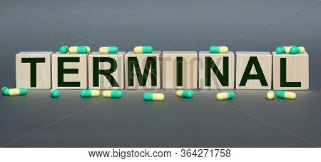 Mortal Illness, Terminal Is Written In Wooden Cubes On A Gray Background.