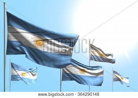 Pretty 5 Flags Of Argentina Are Wave On Blue Sky Background - Any Celebration Flag 3d Illustration