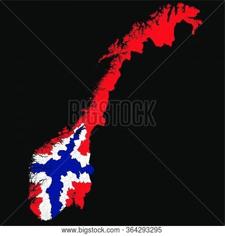 Vector Map Of Administrative Regions Of Norway In Colors Of Norwegian National Flag With Black Backg