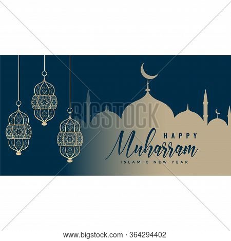 Happy Muharram Banner Design With Hanging Lamps Vector Design Illustration