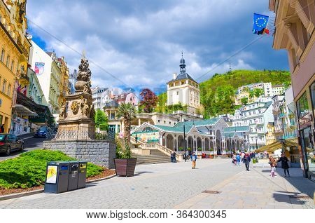 Karlovy Vary, Czech Republic, May 10, 2019: The Market Colonnade Trzni Kolonada Wooden Colonnade Wit