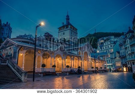 Karlovy Vary, Czech Republic, May 11, 2019: The Market Colonnade Trzni Kolonada Wooden Colonnade Wit