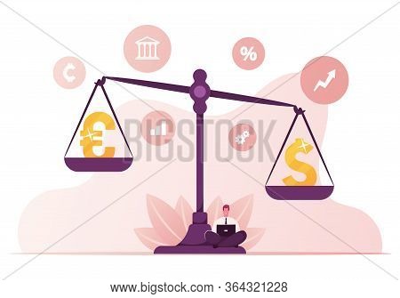 Euro And Dollar Symbols Lying On Huge Scales With Businessman Character Sitting Beneath Working On L
