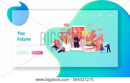 Characters Learning Chinese Language Course Landing Page Template. Tiny People Around Huge Smartphon